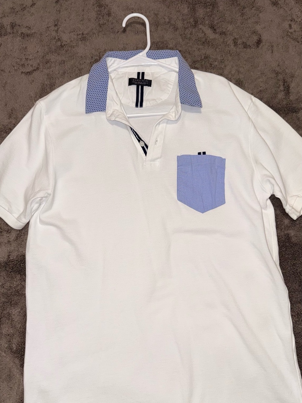 Zara White Polo with Light Blue Contrast Collar & Pocket